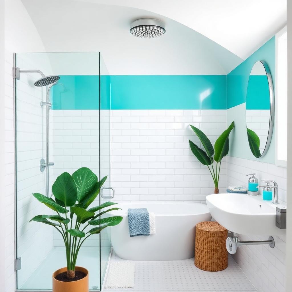 Bathroom with walk-in shower and turquoise accents