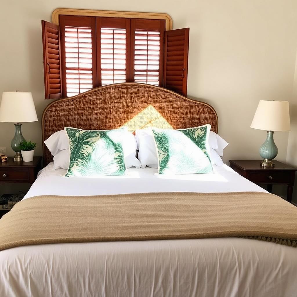 Third bedroom with queen bed and palm print pillows