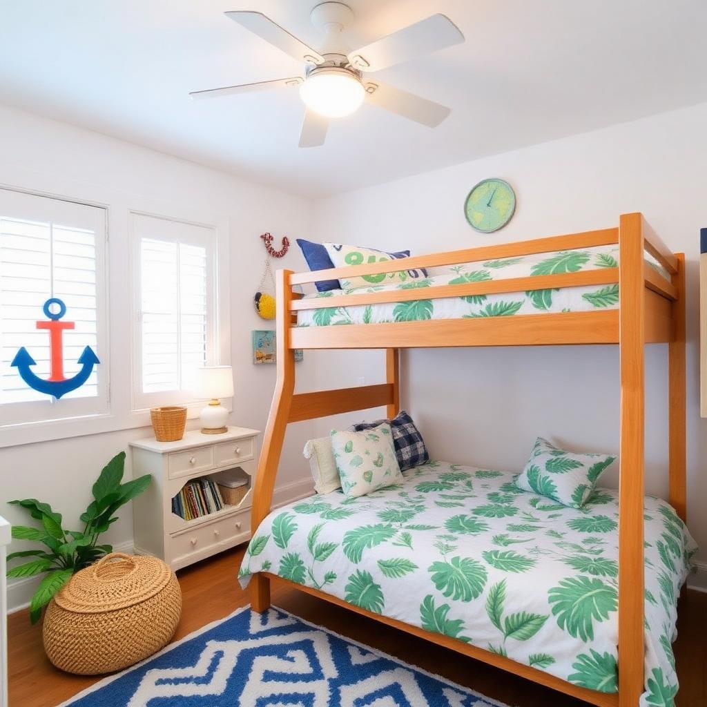 Bunk room for kids with tropical bedding