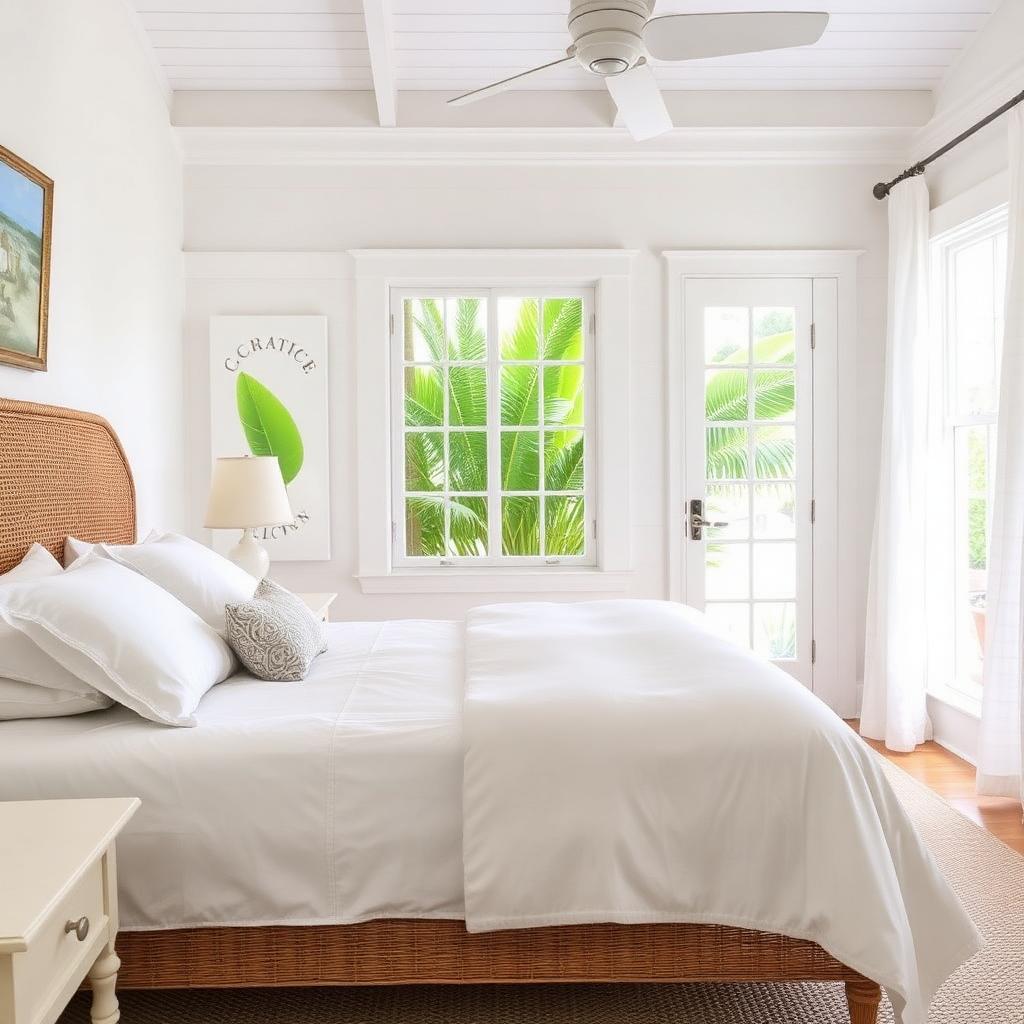 Primary bedroom with wicker headboard and white linens