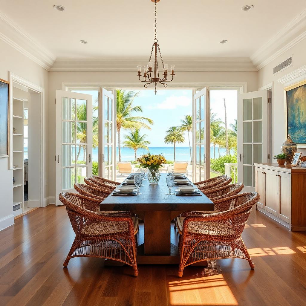 Dining room with long wood table and ocean view