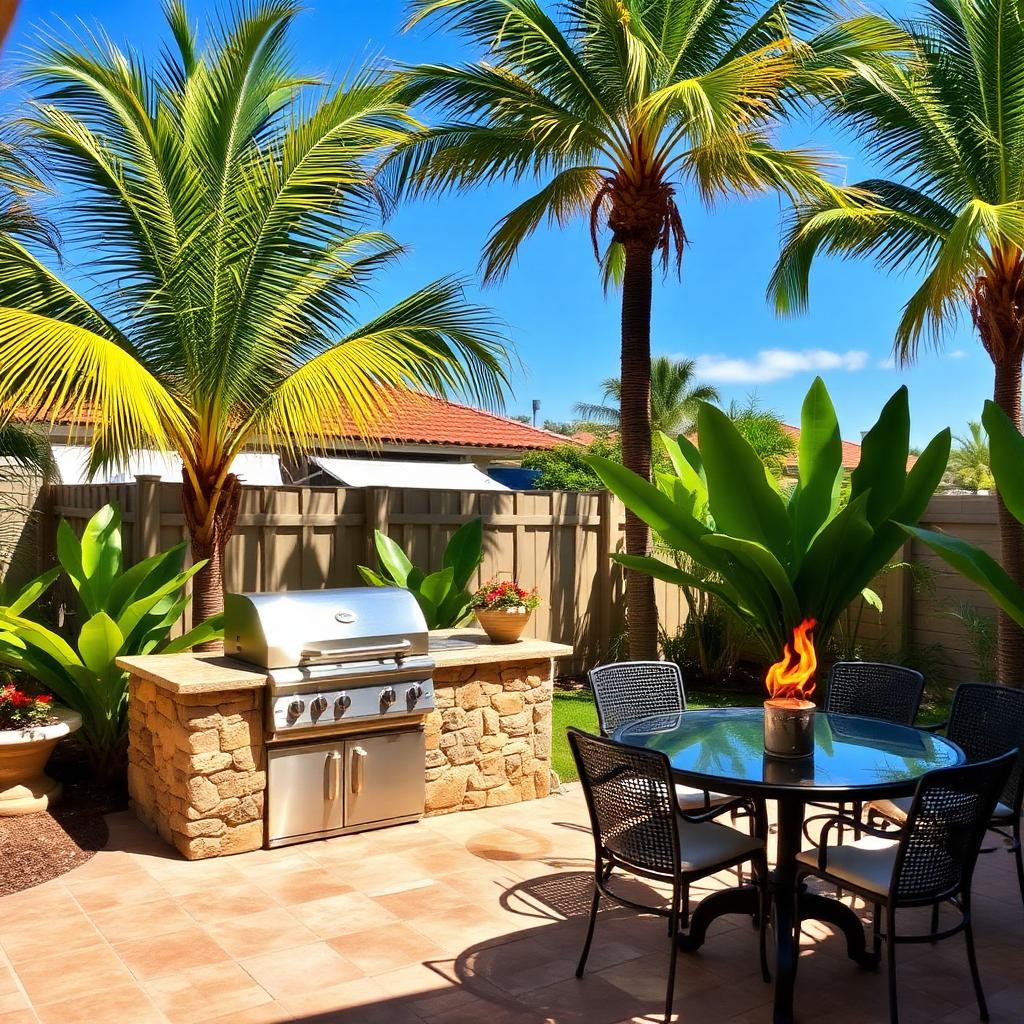 Outdoor grill and dining area in the backyard