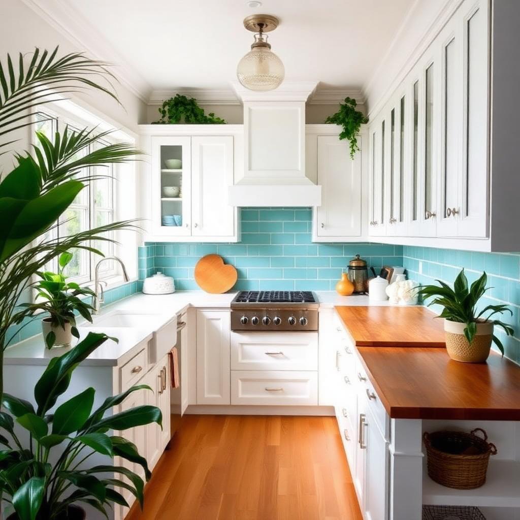 White kitchen with turquoise tile backsplash