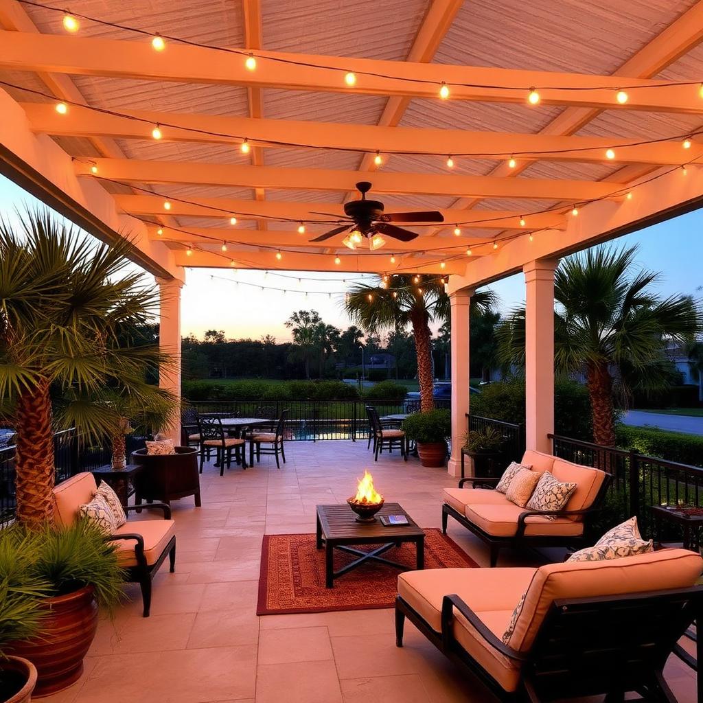Covered patio with lounge seating and string lights