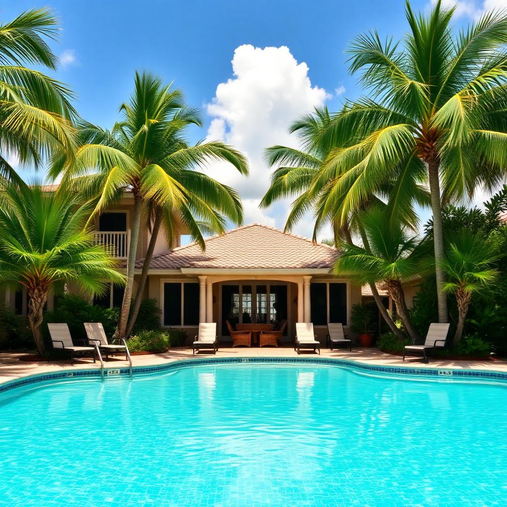 Private heated pool framed by palm trees