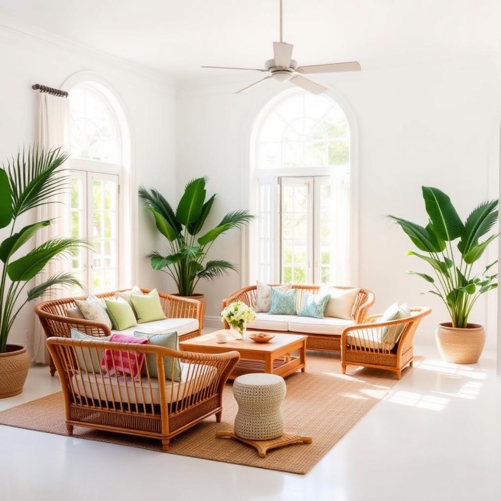 Sunlit living room with rattan furniture